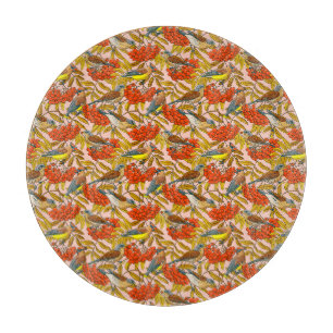 Fieldfares and waxwings on rowan bunches-2 cutting board