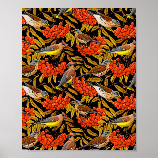 Fieldfares and waxwings on rowan bunches poster (Front)