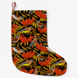 Fieldfares and waxwings on rowan bunches small christmas stocking