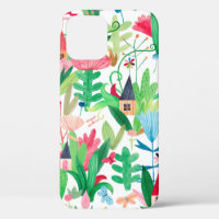 Fields of flowers and plants with small houses, bu