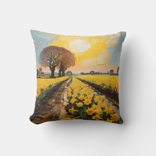Fields of Yellow Flowers Daffodils at Sunset Cushion