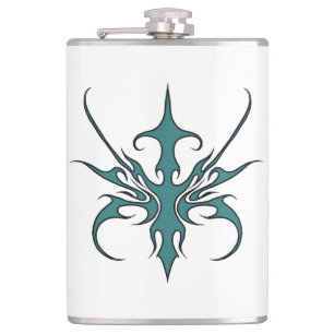 Fierce Aquamarine Tribal Line Art Illustration Hip Flask