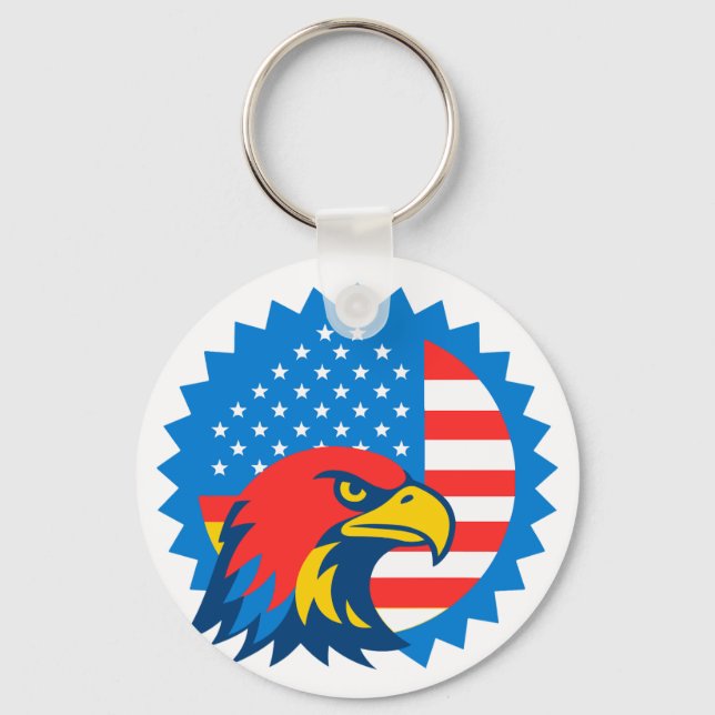 Fierce Bald Eagle on Round USA Flag Key Ring (Front)