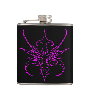 Fierce Black and Pink Tribal Line Art Illustration Hip Flask