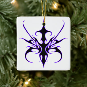 Fierce Black and Purple Tribal Line Art Ceramic Ornament
