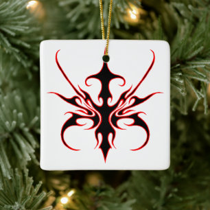 Fierce Black and Red Tribal Line Art Illustration Ceramic Ornament