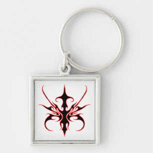 Fierce Black and Red Tribal Line Art Illustration Key Ring