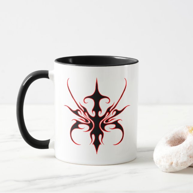 Fierce Black and Red Tribal Line Art Illustration Mug (With Donut)