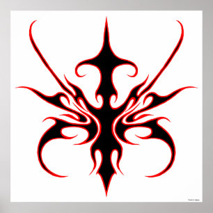 Fierce Black and Red Tribal Line Art Illustration Poster