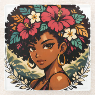 Fierce Black Girl Anime Portrait Glass Coaster