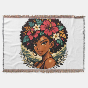 Fierce Black Girl Anime Portrait Throw Blanket