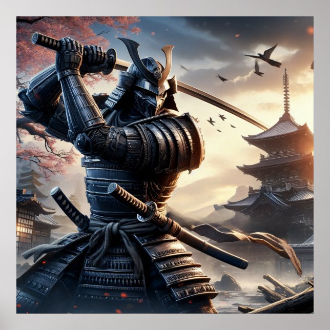 Fierce Black Samurai Warrior in Traditional Armour Poster (Front)