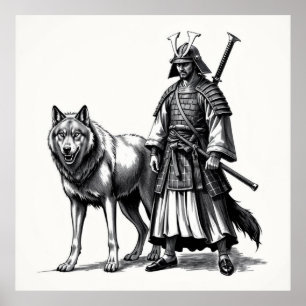 Fierce Bond: Samurai and Wolf Charcoal Art Poster