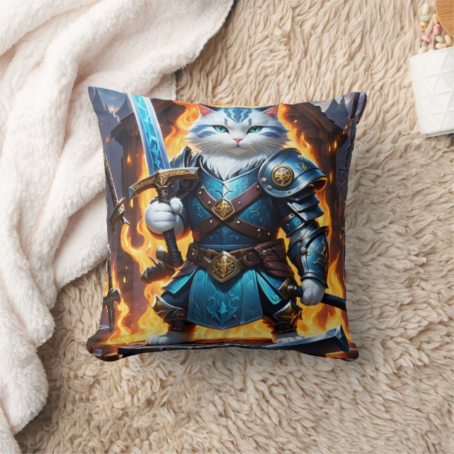 Fierce Cat Warrior in Battle Armour With Sword Cushion (Blanket)
