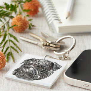 Fierce Celtic Silver Bulldog  Warrior Knot Totem Key Ring
