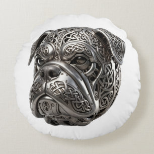 Fierce Celtic Silver Bulldog Warrior Knot Totem Round Cushion