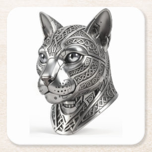 Fierce Celtic Silver Cat Head – Stealth Warrior To Square Paper Coaster