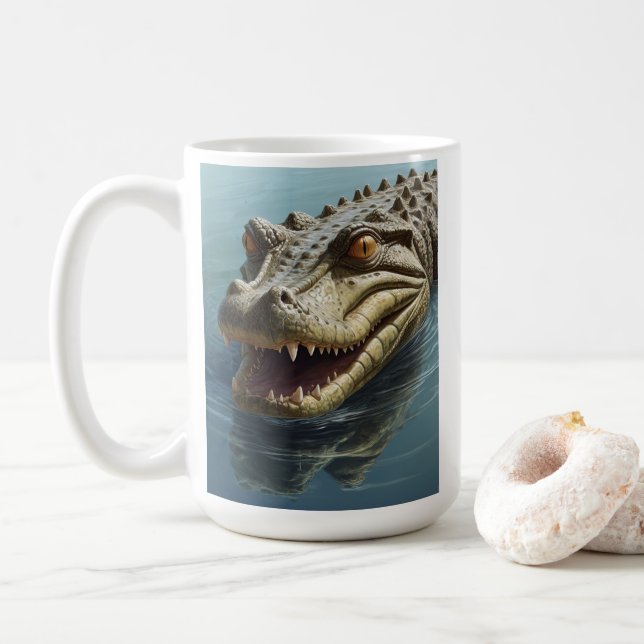 Fierce Crocodile with Piercing Eyes Wildlife Coffee Mug (With Donut)