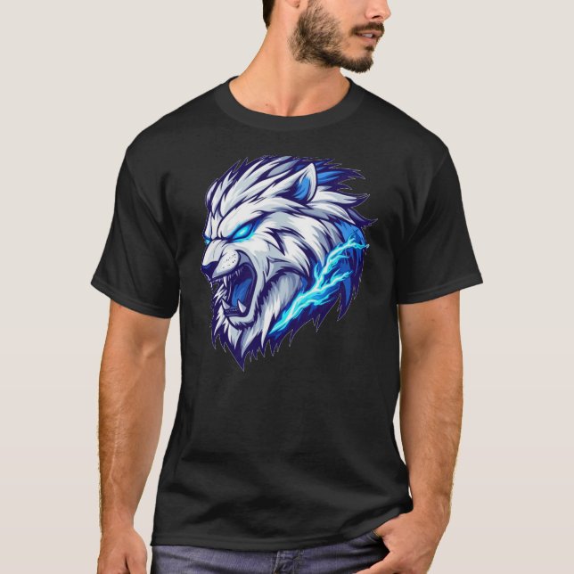 Fierce Electric Lion Head T-Shirt – Bold Blue Grap (Front)