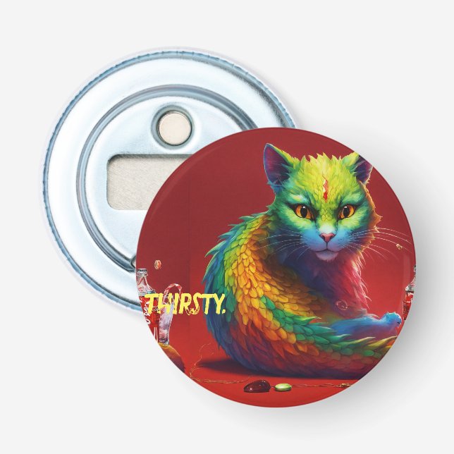 "Fierce Elegance: Red Dragon Cat Mouse Round  Bottle Opener (Front)