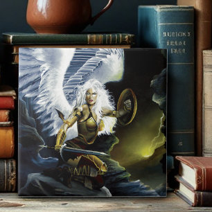Fierce Fantasy Warrior Angel Sword Ceramic Tile