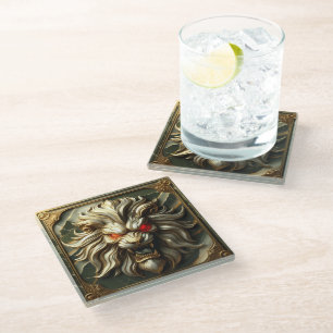 Fierce Golden Lion with Blazing Red Eyes Glass Coaster