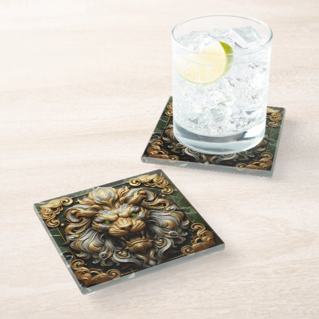 Fierce Golden Lion with Emerald Accents Glass Coaster (Angled)