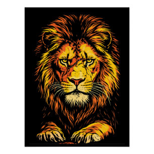 Fierce Golden Mane Predator Stare Illustration Poster
