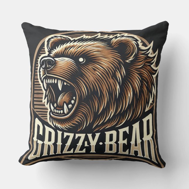 Fierce Grizzly Bear Illustration Cushion (Front)