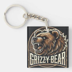 Fierce Grizzly Bear Illustration Key Ring