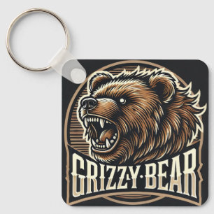 Fierce Grizzly Bear Illustration Key Ring