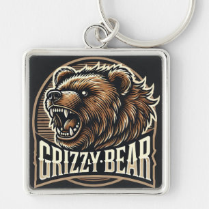 Fierce Grizzly Bear Illustration Key Ring