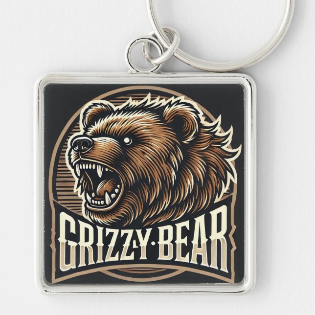 Fierce Grizzly Bear Illustration Key Ring (Front)