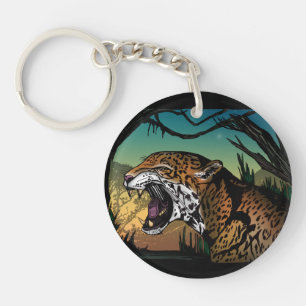 Fierce Growling Jaguar Jungle Art – Bold Teal  Key Ring
