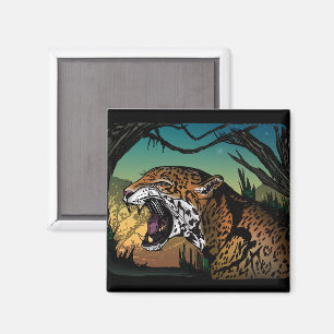 Fierce Growling Jaguar Jungle Art – Bold Teal Magnet