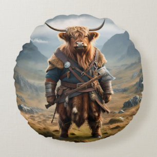 Fierce Highland Warrior: The Courageous Cow Viking Round Cushion
