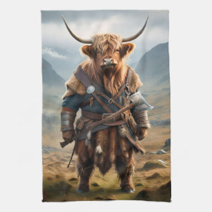 Fierce Highland Warrior: The Courageous Cow Viking Tea Towel