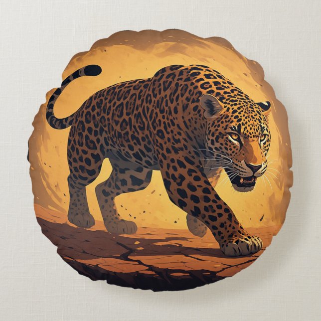 Fierce Leopard Prowling at Sunset Round Cushion (Front)