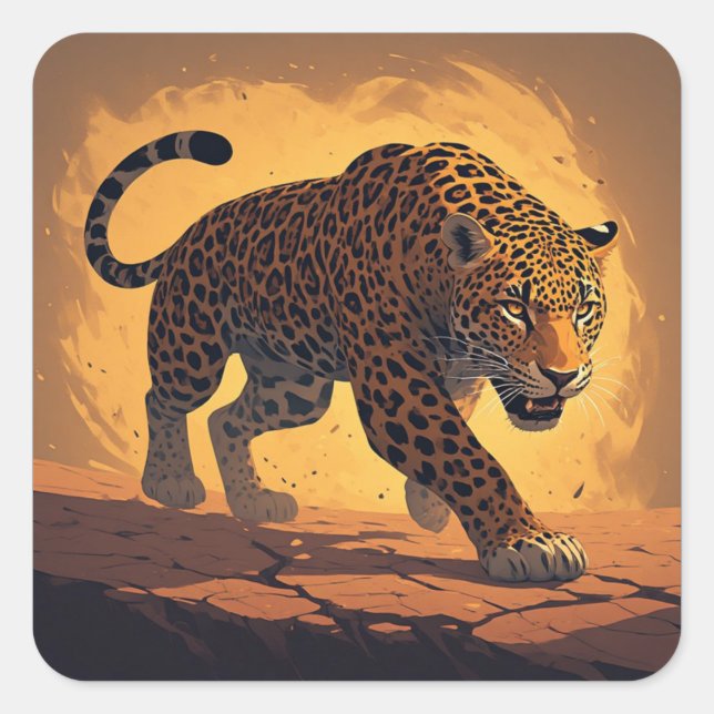 Fierce Leopard Prowling at Sunset Square Sticker (Front)