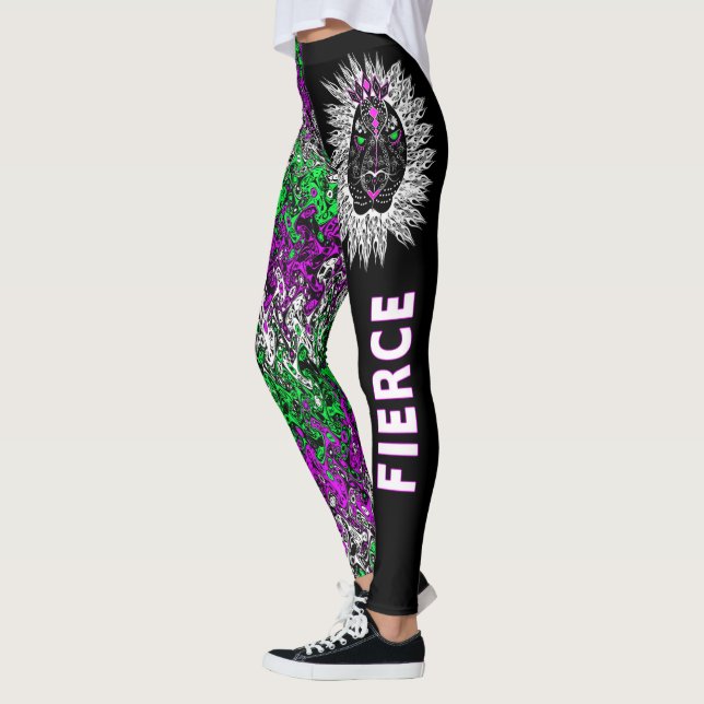 Fierce Lion Leggings, Black with Colorful Pattern Leggings (Left)