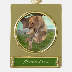 Fierce Lioness Jungle Adventure Art Gold Plated Banner Ornament