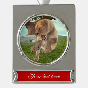 Fierce Lioness Jungle Adventure Art Silver Plated Banner Ornament
