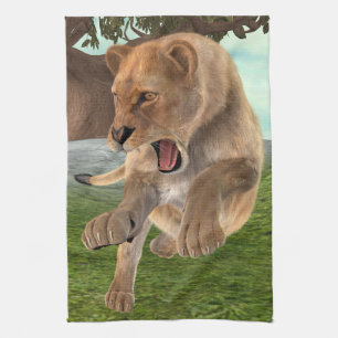 Fierce Lioness Jungle Adventure Art Tea Towel