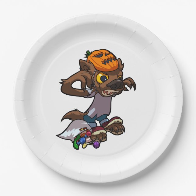 Fierce Little Werewolf Trick Or Treating Cartoon Paper Plate (Front)