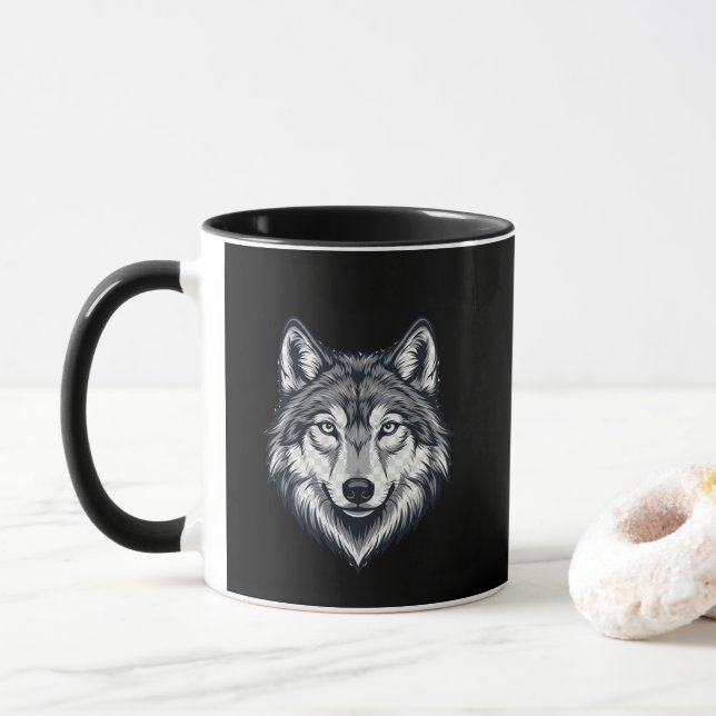Fierce Lone Wolf Head Graphic Coffee Mug (With Donut)