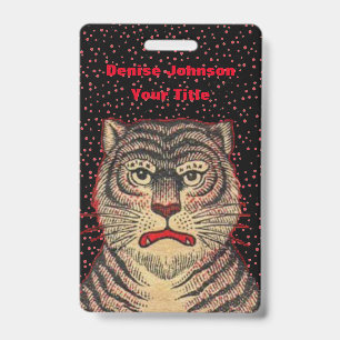 Fierce Looking Face of Tiger on Black Red dots ID Badge