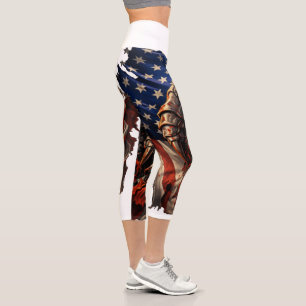 Fierce Monster Tearing American Flag Art Capri Leggings