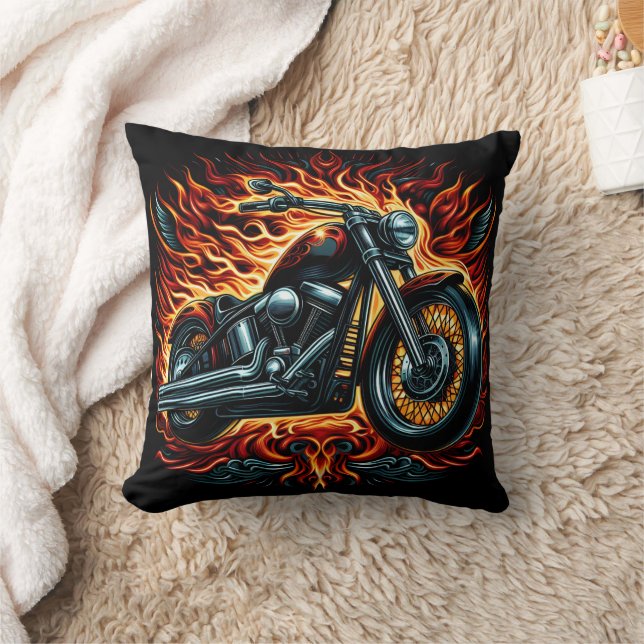 Fierce motorcycle with flames during sunset ride cushion (Blanket)
