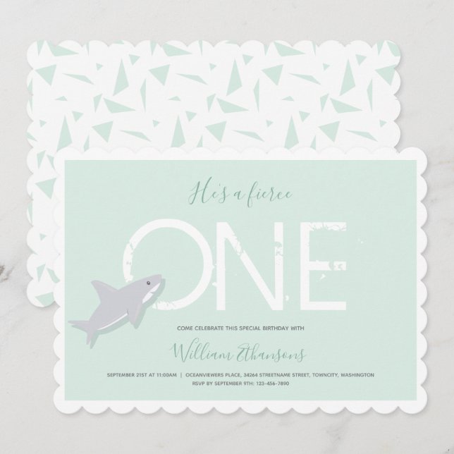 Fierce One Green White Shark Animal First Birthday Invitation (Front/Back)