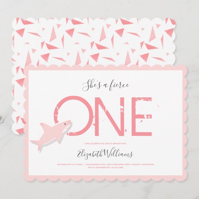Fierce One Pink Shark Animal First Birthday Invitation (Front/Back)